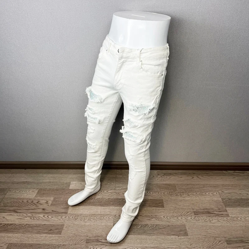 High Street Fashion Men Jeans White Elastic Stretch Skinny Ripped Jeans Men Beading Patched Designer Hip Hop Brand Pants Hombre