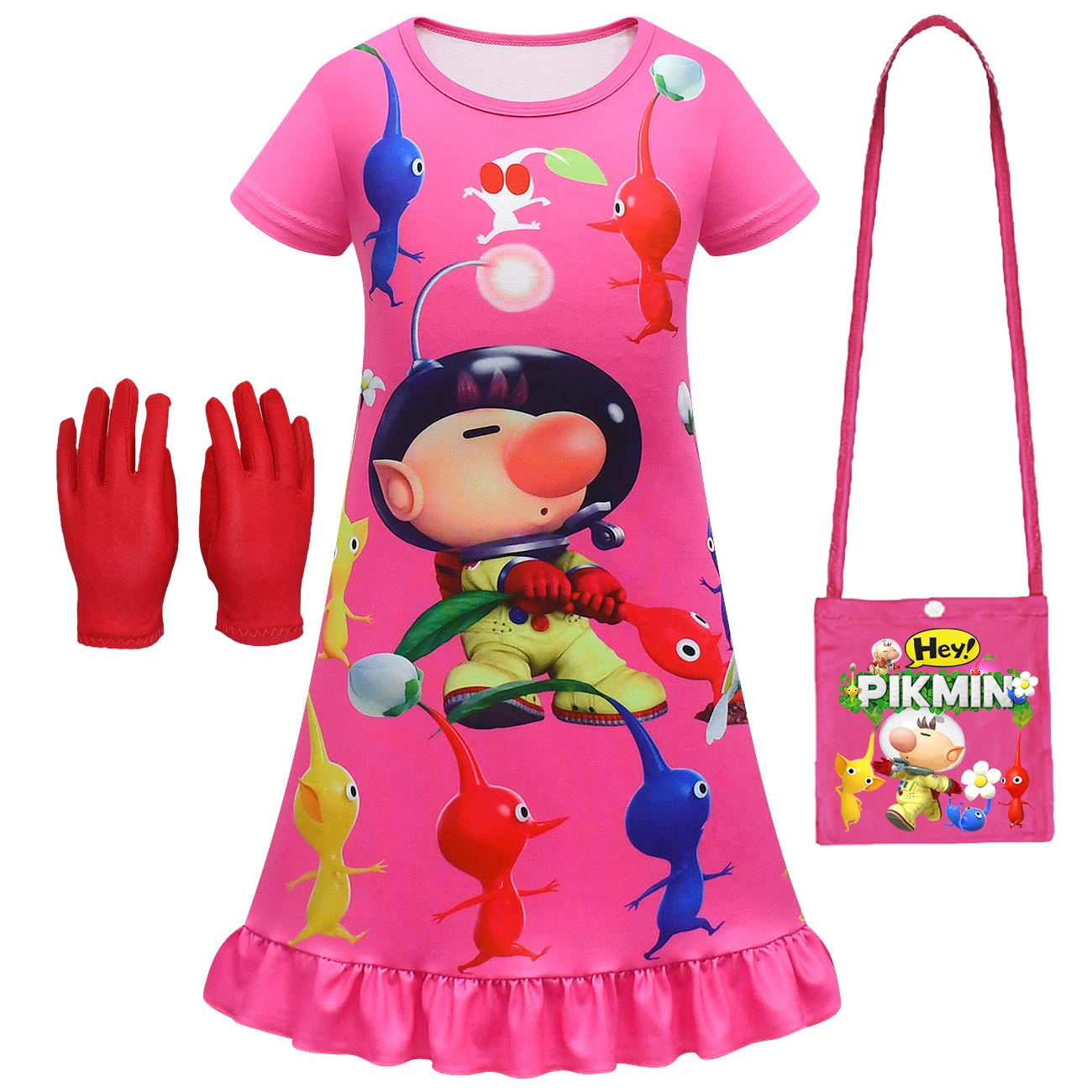 VD 게임 Pikmining 여아용 옷 4 개, 잠옷 + 가방 + 장갑 세트, 어린이 Pikmin 코스프레 코스튬, 어린이 잠옷, 어린이 파티 원피스