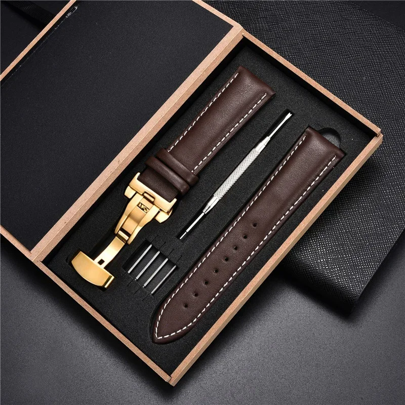 Luxurious Genuine Leather Watchband with Automatic Butterfly Buckle - Elegant Business Wrist Strap with Gift Box
