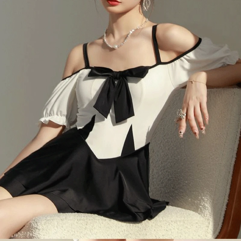 Women\'s Clothing Slimming Contrasting Colors Korean Version Short Sleeve Off Shoulder Spliced Bow Conservative Vacation Swimsuit