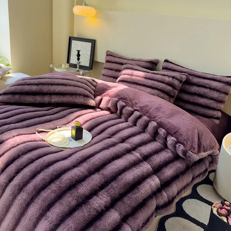 2024 new rabbit velvet milk velvet thickened rabbit fur warm four-piece set, 1.5m 1.8m bed sheet four-piece set 5