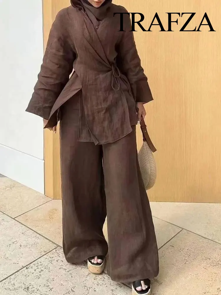 TRAFZA Women's Summer Fashion Linen Solid Color Shirt Set Belted Cardigan Kimono Top + High Waist Women's Pleated Pants 2-piece 3