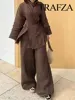 TRAFZA Women's Summer Fashion Linen Solid Color Shirt Set Belted Cardigan Kimono Top + High Waist Women's Pleated Pants 2-piece 3