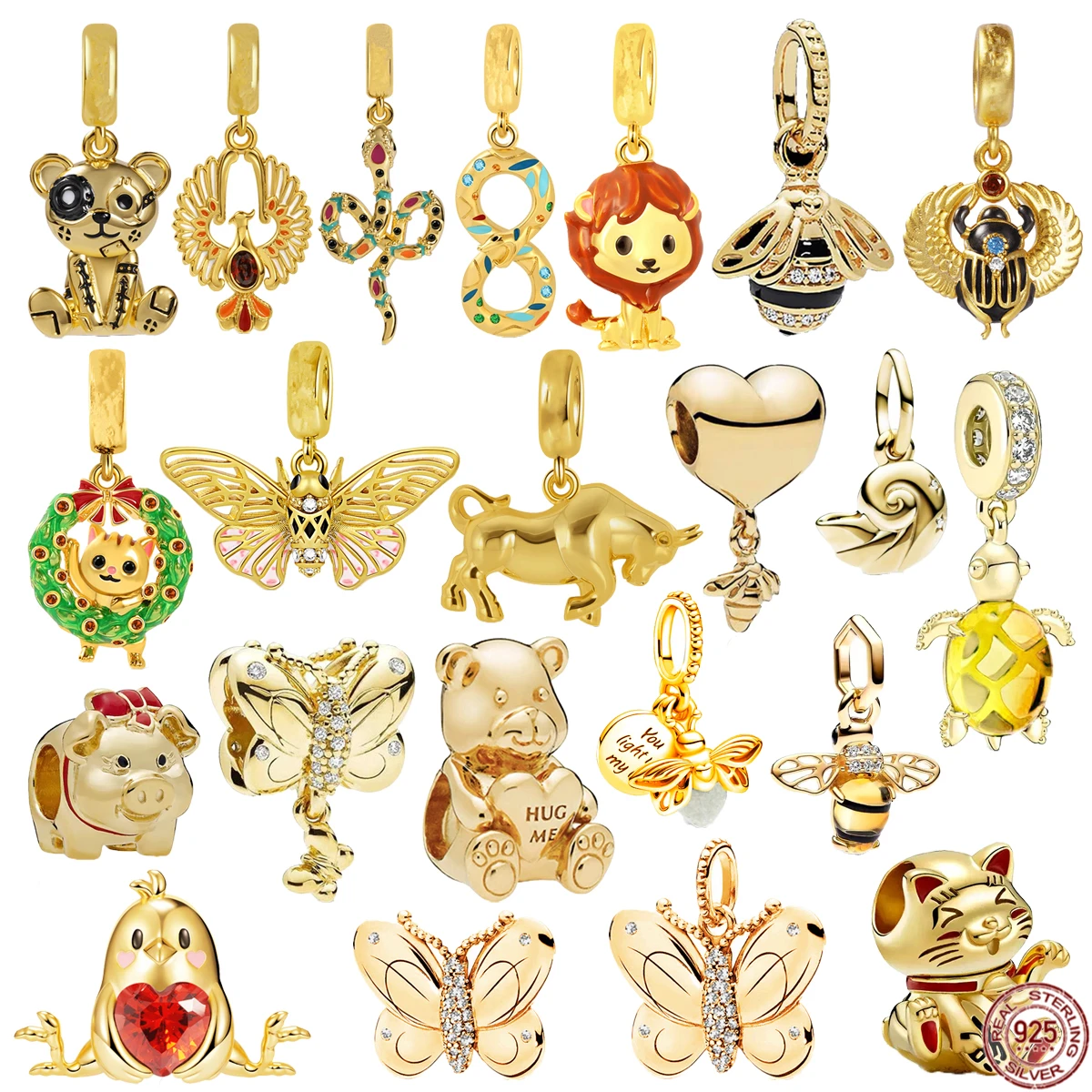 

Golden Animals Series Charm Pendant Lion Cat 925 Sterling Silver Scarab Turtle Beads Fit Original Pandora Bracelet DIY Jewelry