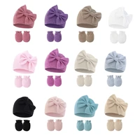 Newborns Hat Scratch Proof Gloves Set Baby Essential Anti Scratches Mittens and Solid Warm Bonnet Bowknot Caps 1