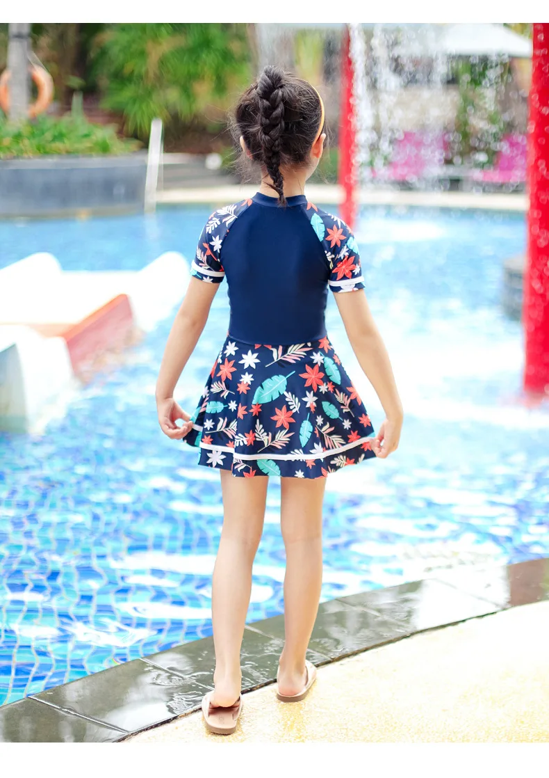 어린이용 자외선 차단 반팔 방수 비치 수영복, 여아용 원피스 프론트 지퍼, 야외 서핑 수영 스커트, UPF50 +