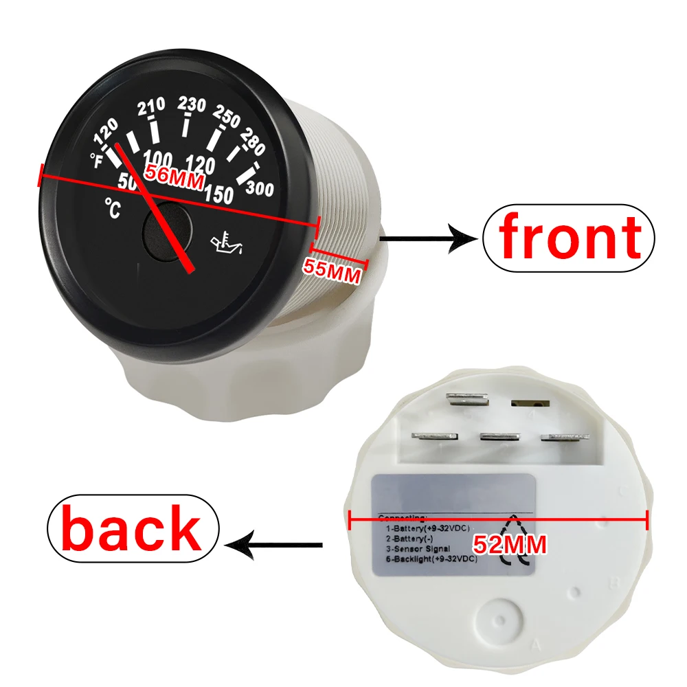 엘링 최신 방수 52mm 오일 온도계 게이지 미터 신호 50-150 ℃   RV 자동차 트럭 선박 9-32V용 빨간색 백라이트 포함