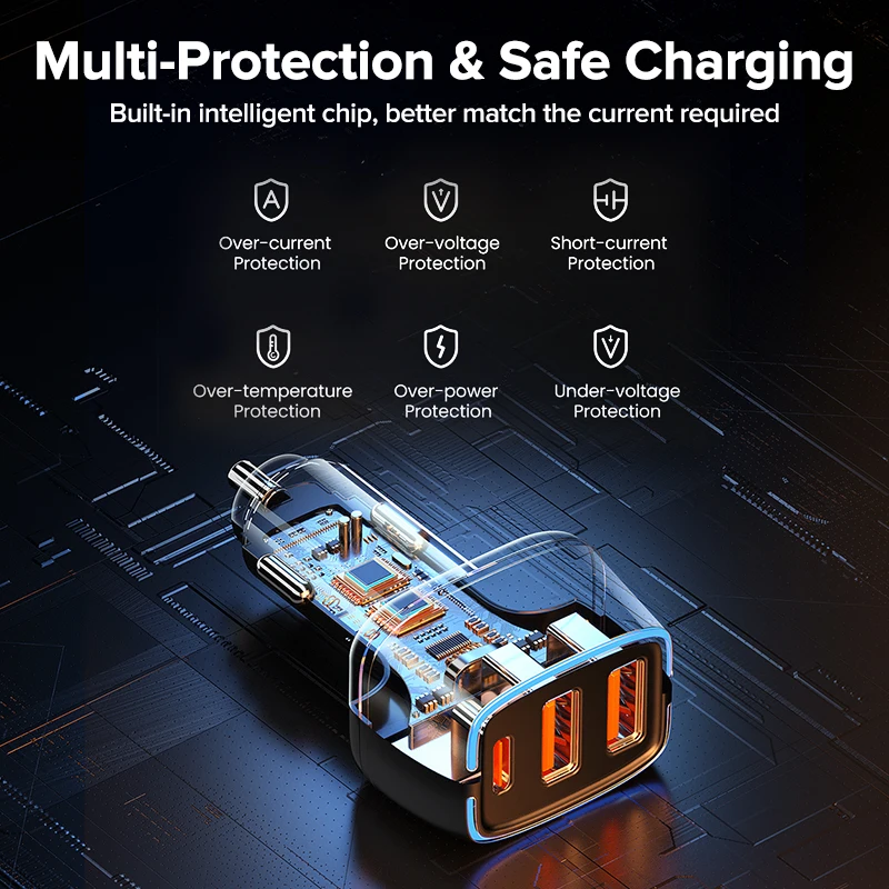 QOOVI شاحن سيارة 44 واط، 3 منافذ USB-C PD شحن سريع لهاتف iPhone وSamsung وXiaomi - Image 5