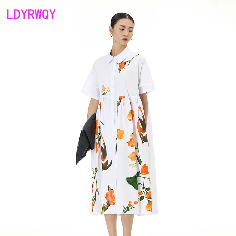 

Chinese style printed short sleeved shirt skirt 2024 summer new women's fashion versatile dress