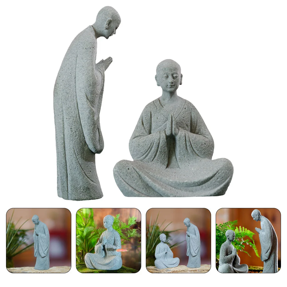 

2 Pcs Micro Landscape Buddha Statue Small Little Monk Figurine Stone Ornament Decorations Garden Sculpture for Zen