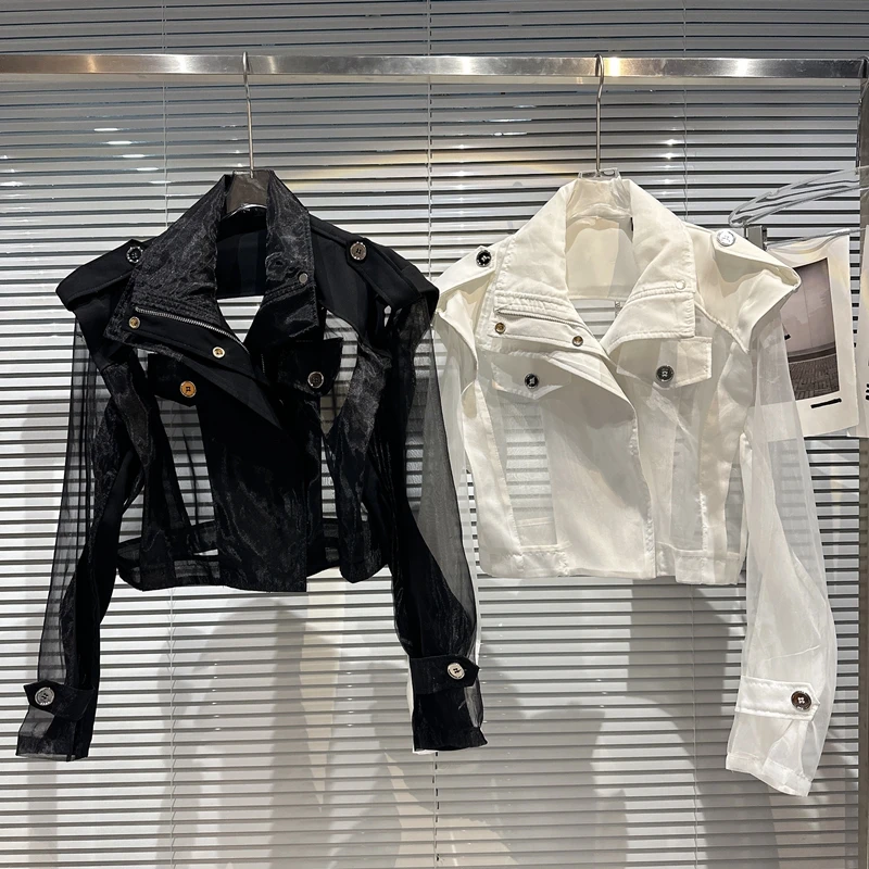 

Net Red 2023 New Summer Women Sunscreen Cardigan Coat Hot Chick Perspective Mesh Long Sleeve Jacket Shoulder Pad Casual Crop Top