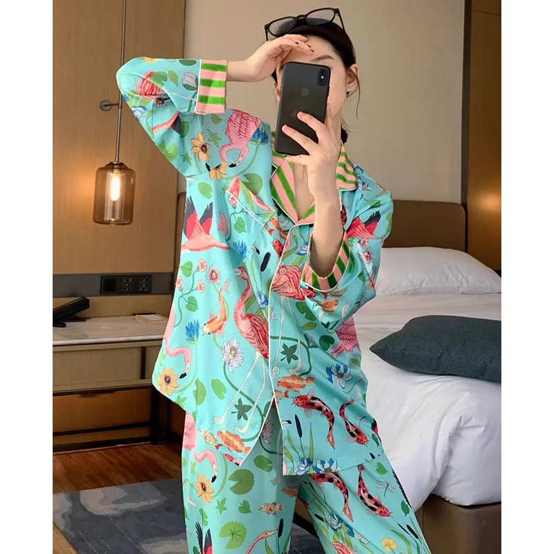 New Ins Style Design Ice Silk Flamingo Pajamas Women's Spring Summer Long Sleeves Pants Home Suit Plant Flowers Sleepwear Female