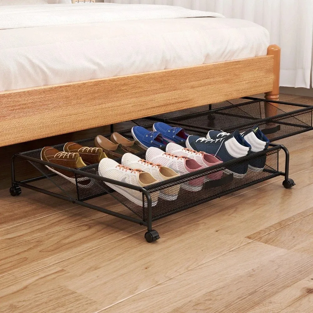 Simple Shoe Rack Underbed Storage Shelf Rolling Buckle For Shoes Bedroom Space Saving Boot Stand Household Storage Supplies shoe rack