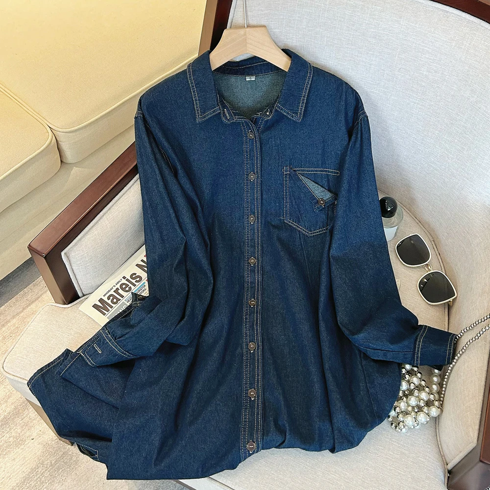 

Polo Neck Long Sleeved Women's Blue Denim Dress Spring Autumn New Retro Style Female Single Breasted Straight Long Skirt