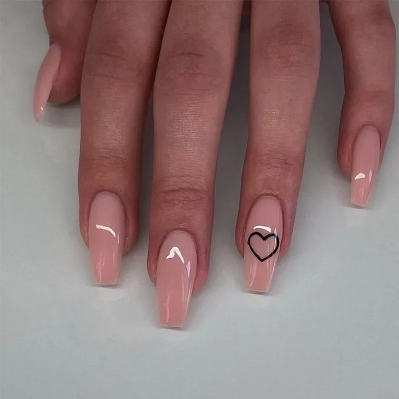24Pcs/Box Fake Nails Press On  False nails Free Shipping Ballerina Pink Color Design With Heart Pattern  Set   Nail Art
