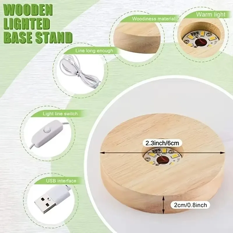 Wooden Desktop Decorative Lamp Holder LED Usb Display Light Bracket Artistic Decoration Tri Color Light 1-meter Switch Wire 6CM