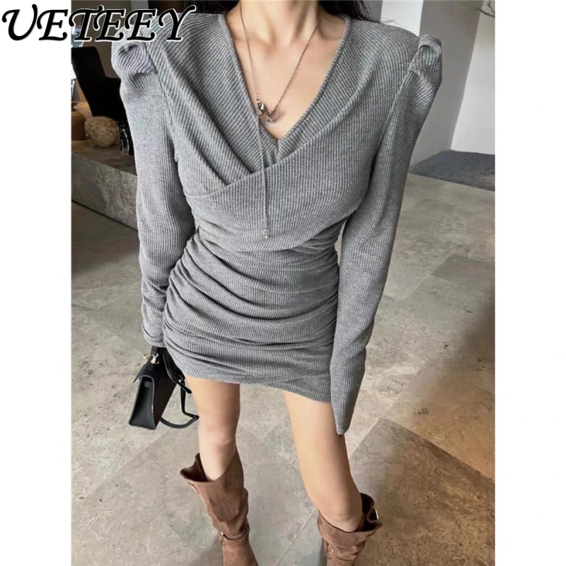 

2023 Autumn and Winter New Thickened Cashmere Slim Fit Dress V-neck Bubble Sleeve Tight One-Step Temperament Dress for Women