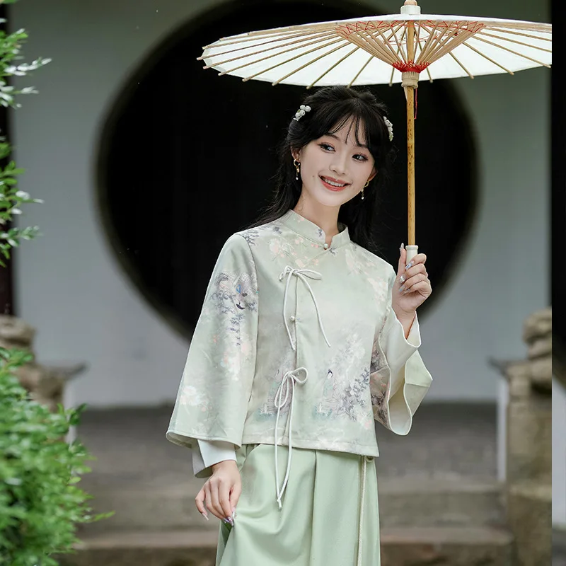 New Chinese Style Costumes Print Cheongsam Shirt Green Tang Clothes Young Girl Improved Hanfu Tops Loose Women Qipao Tops