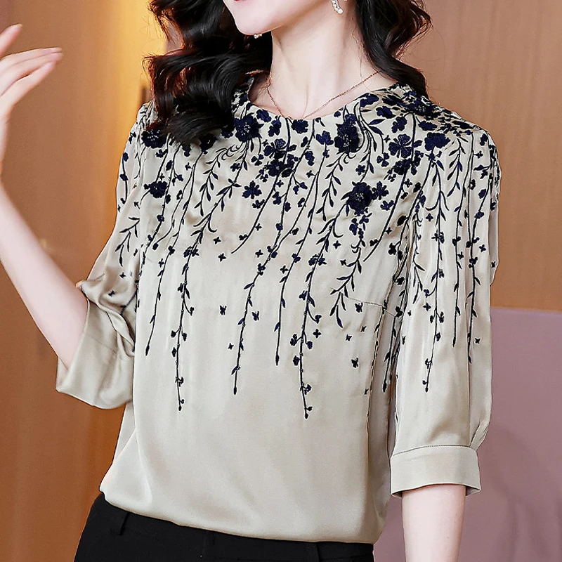 2025 Summer Women Satin Blouse Print Half Sleeve Loose Casual Shirts Women Autumn Fashion Vintage Tops Elegant Blusas 19180