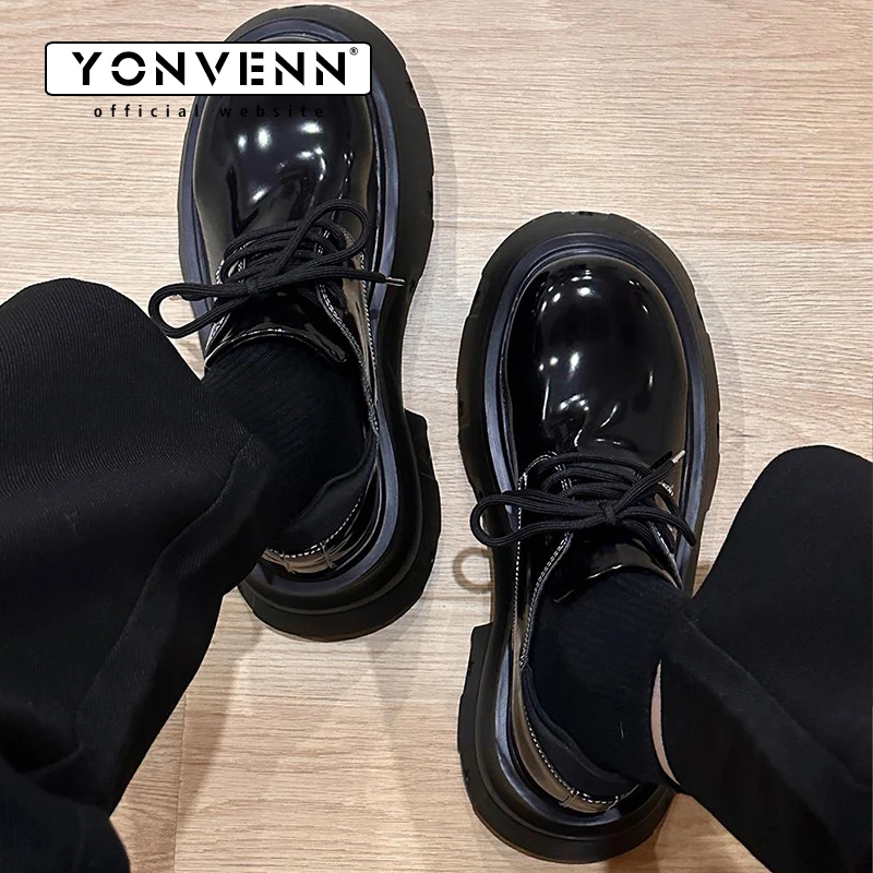YONWENN original thick soled height 7CM big toe leather shoes for men glossy patent leather high-end black versatile dress shoes