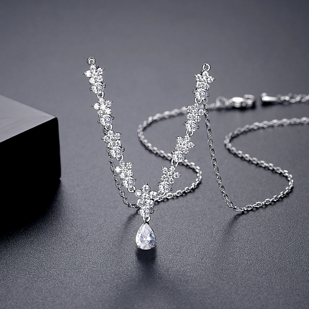 LUOTEEMI Multiple Shinning Cubic Zirconia Flowers Wedding Bridal Necklace for Women Simple Big Waterdrop Luxury Christmas Gifts