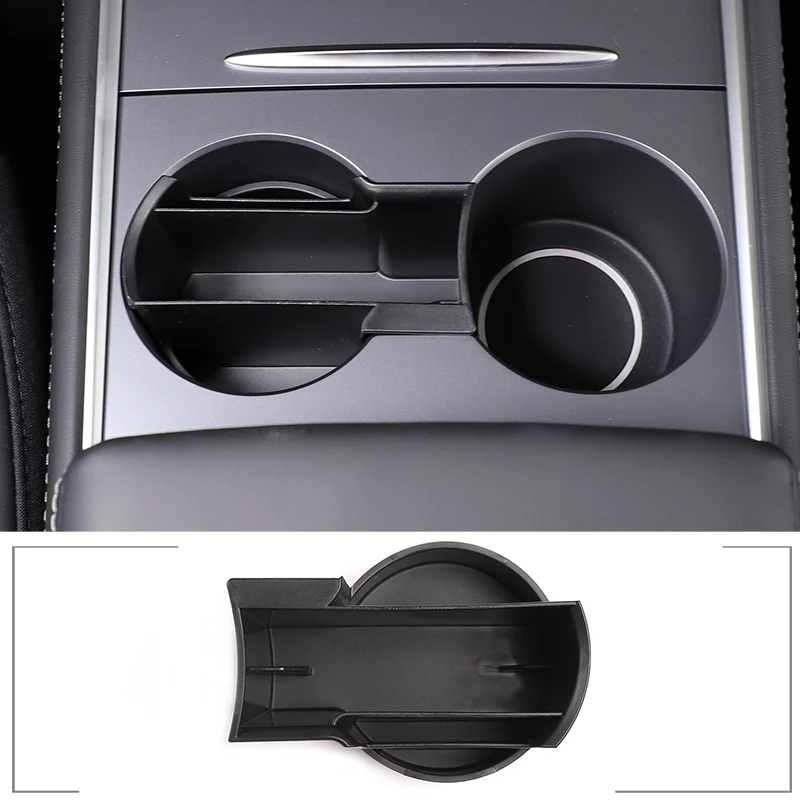 

For Tesla Model 3 2016-2021 ABS Black Car Center Cup Holder Divided Storage Box Coin Mobile Phone Storage Box Auto Accessories