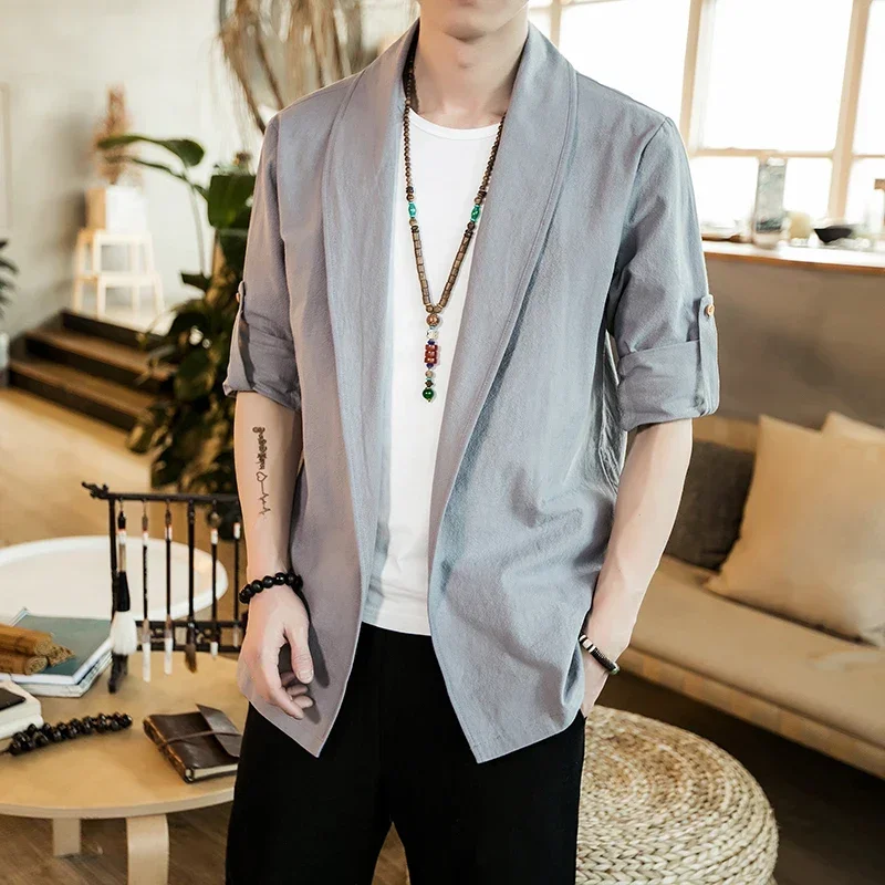 Men Chinese Style Shirt Retro Chinese Style Taoist Robe Hanfu Ancient Costume Casual Chinese Style Cloak Jacket Men's Clothing Plus Size