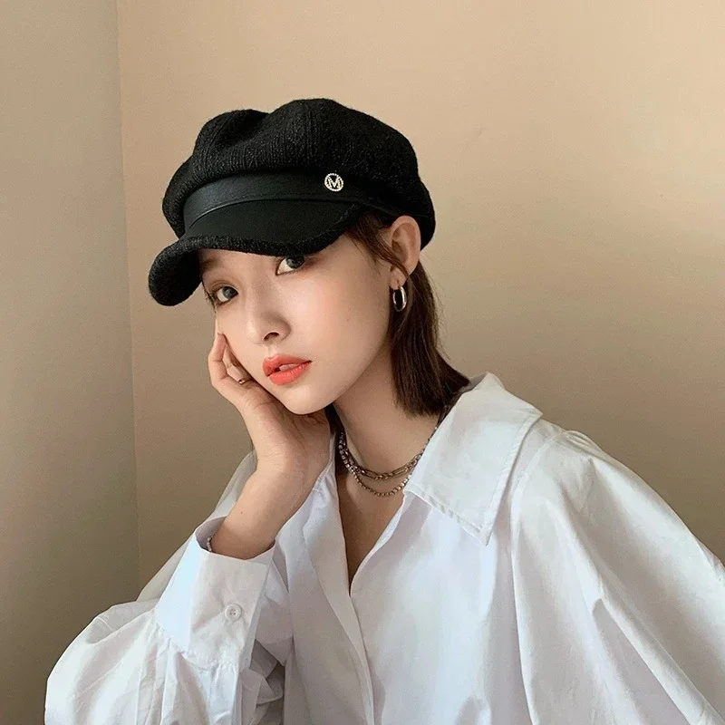 Hat Female Beret Autumn And Winter Tide British Retro Letter Striped Octagonal Newsboy Painter