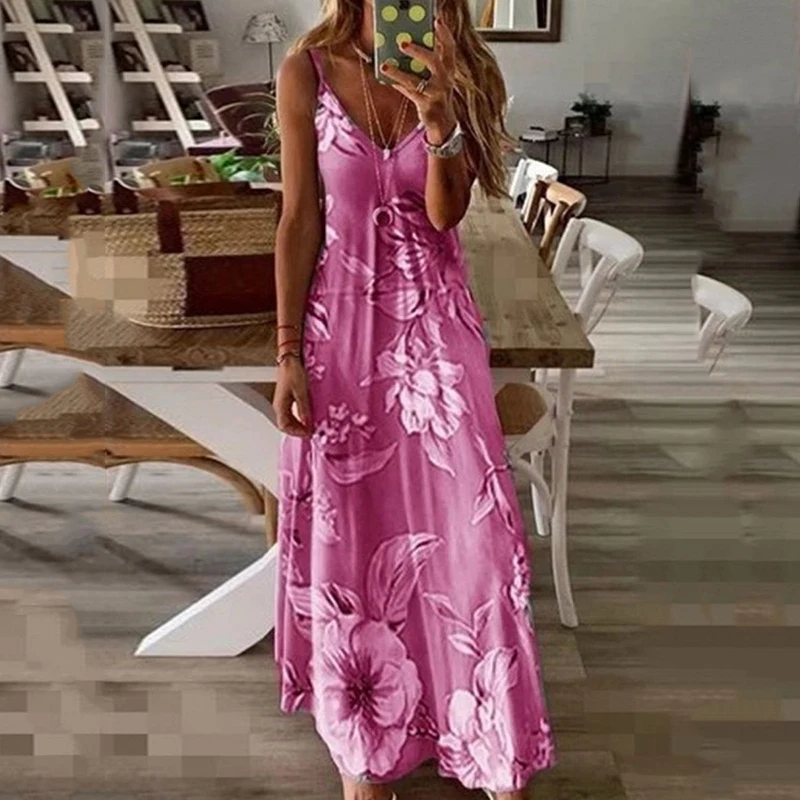 

Sexy Sleeveless Slim V-Neck Dress For Women Elegant Solid Print Floral Long Dresses Summer Causal Higt Waist Beach Sundress