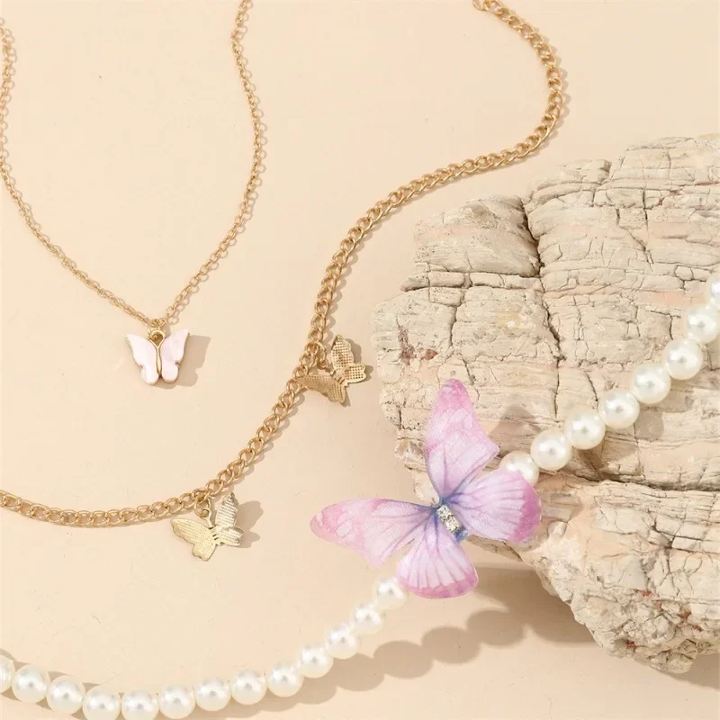 Multi-layer Butterfly Women's Necklace Luxury Imitation Pearl Designer Fashion Banquet Wedding Clavicle Chain For Woman Jewelry