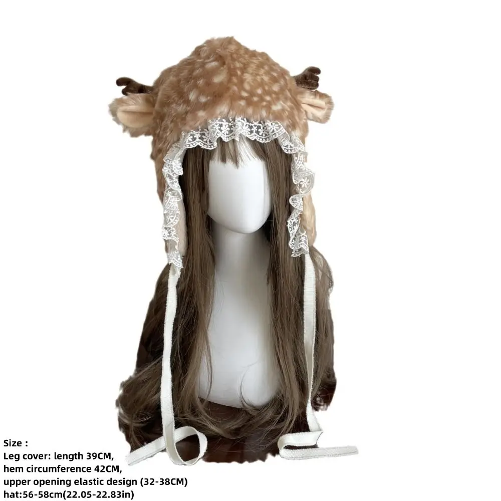 Faux Fur Lace Winter Hat Leg Warmers Thicken Reindeer Furry Boots Socks Cover Cosplay Costume Performance Costume