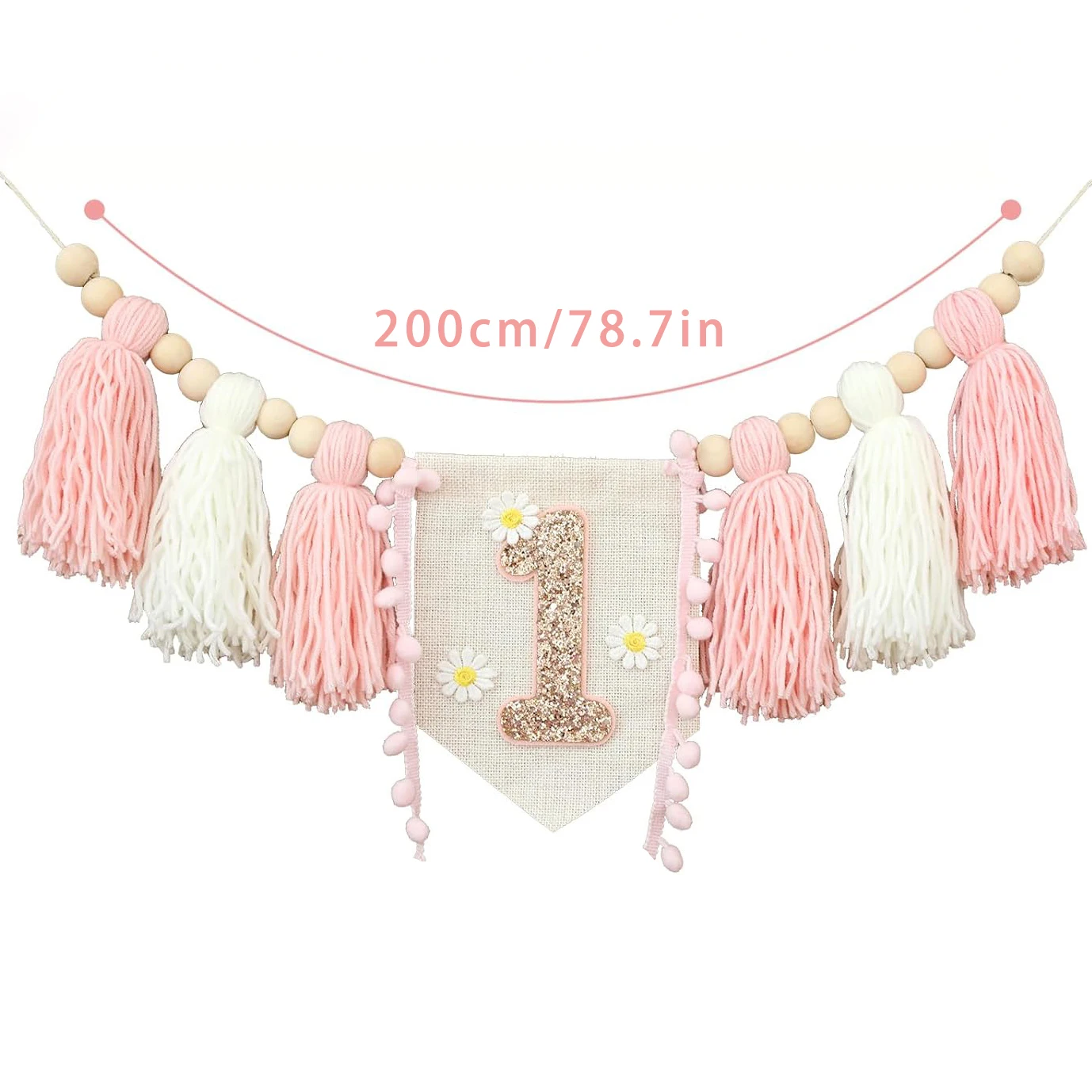 Handmade Daisy High Chair Banner with Wooden Bead Tassel Garland - First Birthday Party Decoration and Photography Prop