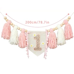 Handmade Daisy High Chair Banner with Wooden Bead Tassel Garland - First Birthday Party Decoration and Photography Prop (Pink)