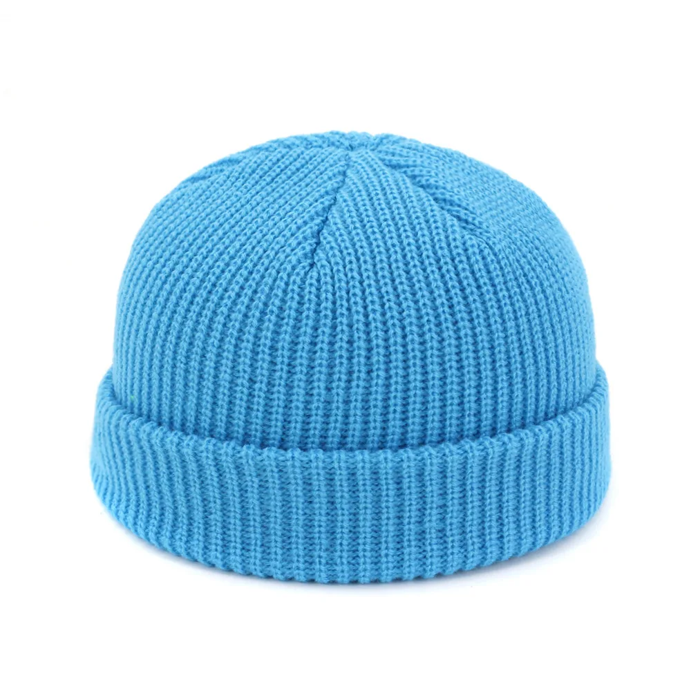 Unisex Retro Navy Solid Color Warm Knit Beanie with Roll-Up Edge
