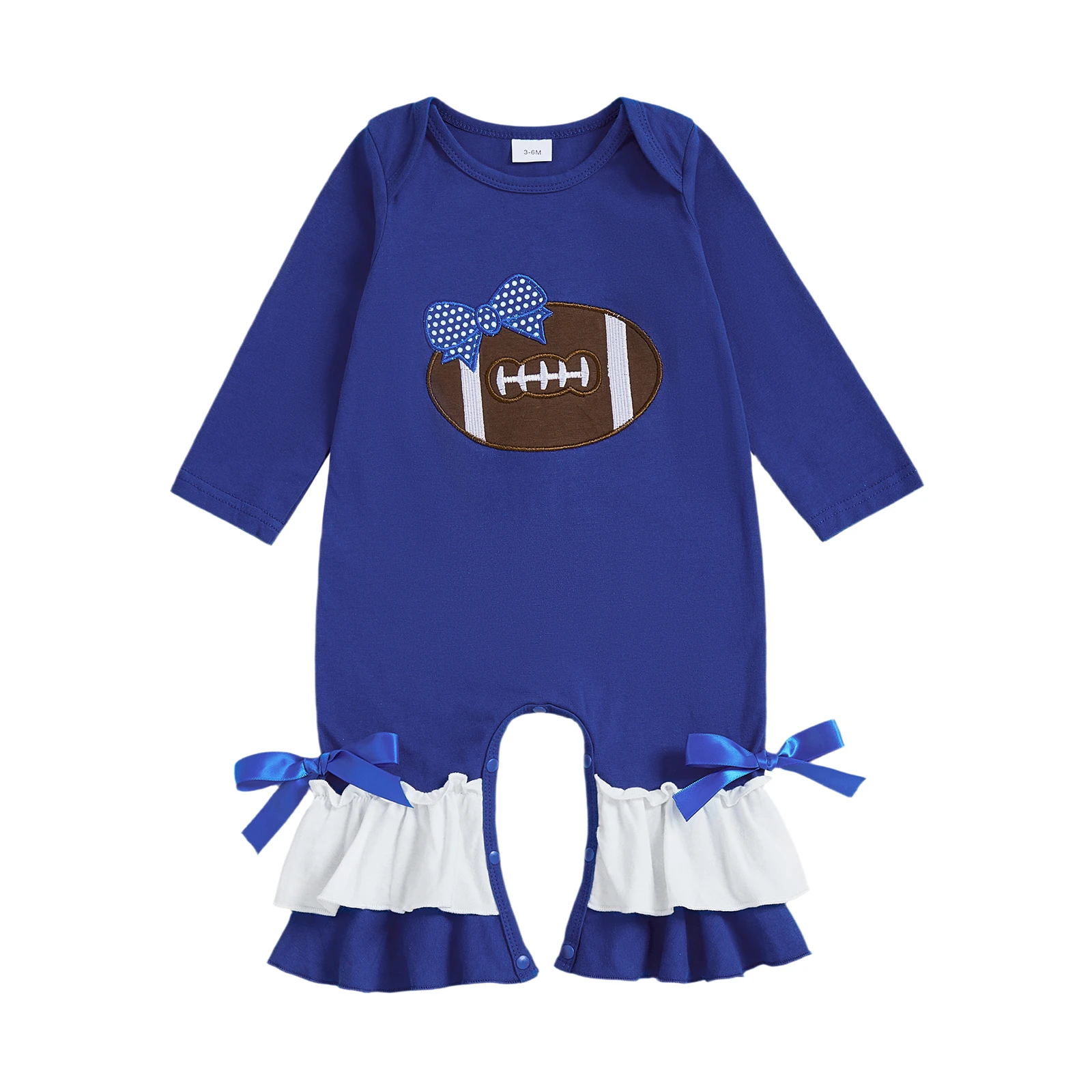 Baby Mädchen Herbst Strampler Fußball Schleife Stickerei Rundhals Langarm Tiered Rüschen Overall – Detail 7