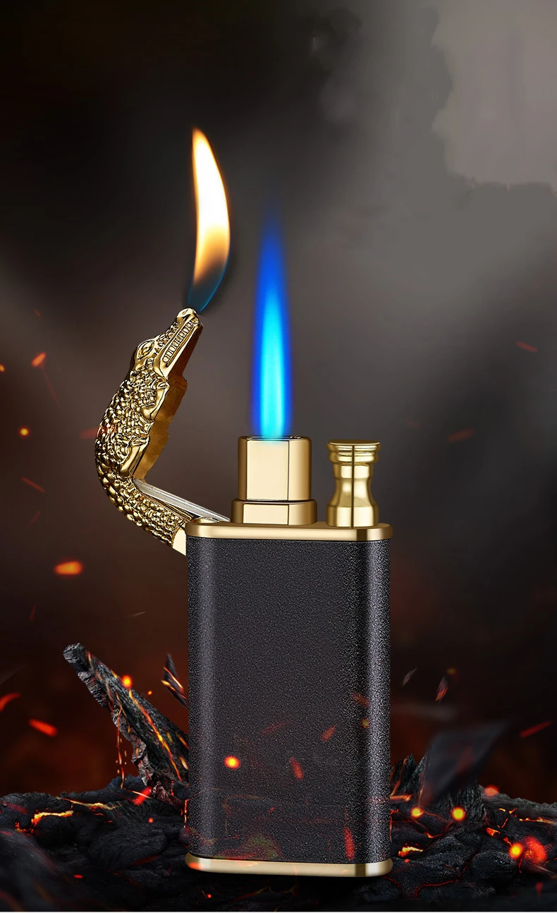 Briquet double coupe-vent, dragon métallique à flamme bleue