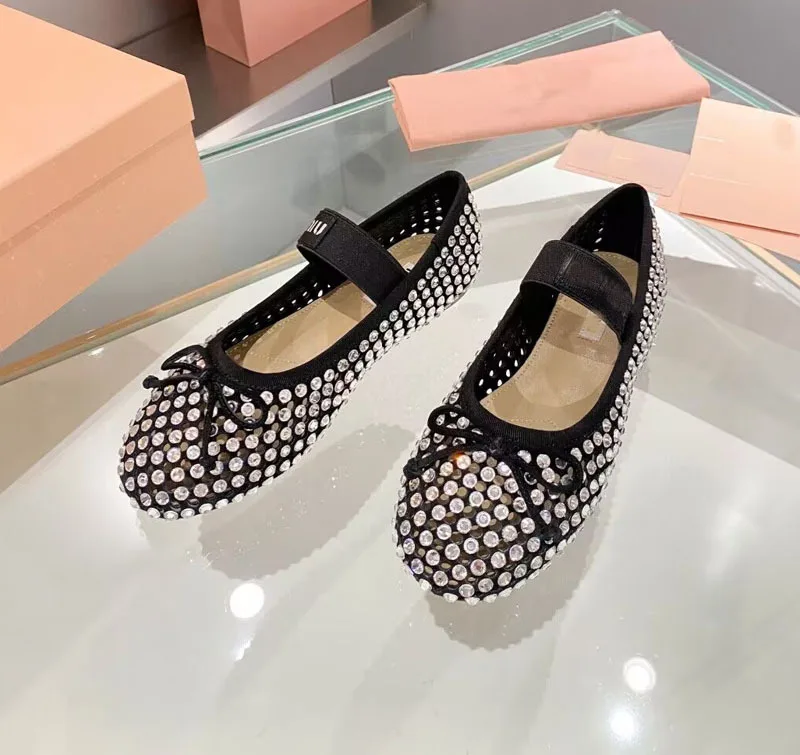 Water Diamond Flat Bottom Ballet Dance Shoes Women's Genuine Leather New Shallow Mouth Hollow Round Head Bow Belt Single Shoes