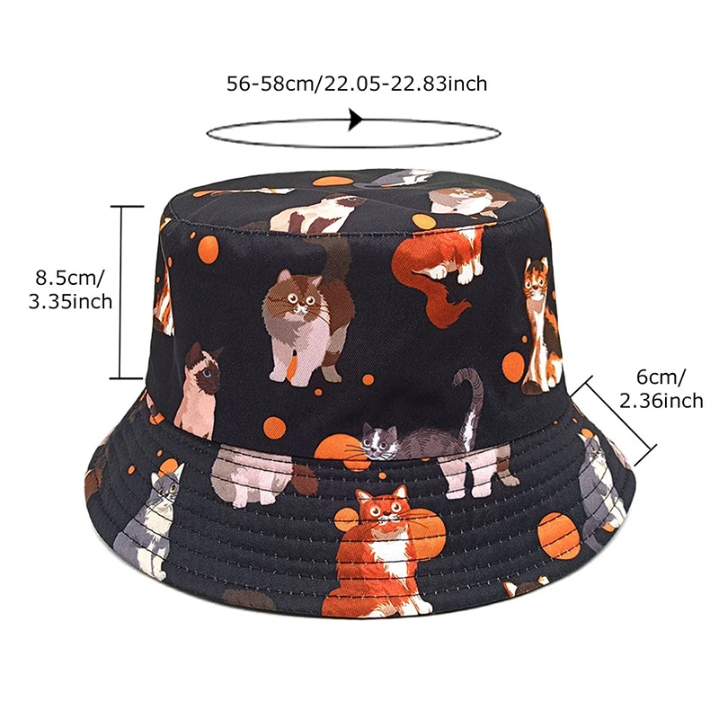 Bocca Cartoon Cat Bucket Hat Cute Animal Printing Pattern Fisherman Hats Double Sides Panama Cap For Men Women Outdo