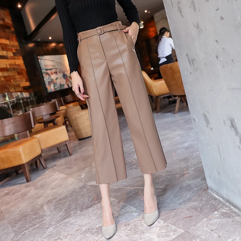 New Autumn Winter Women Pu Leather Pants Belted High Waist Faux Leather  Ladies Trousers Winter Pants Brand Wide Leg Pants 818g - Pants u0026 Capris -  AliExpress