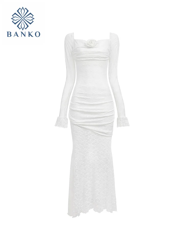 

Formal Occasion White Mermaid Dress Fashion Square Collar Prom Gown 2000s Aesthetic Sweet Gyaru Robe French Elegance Mori Girl