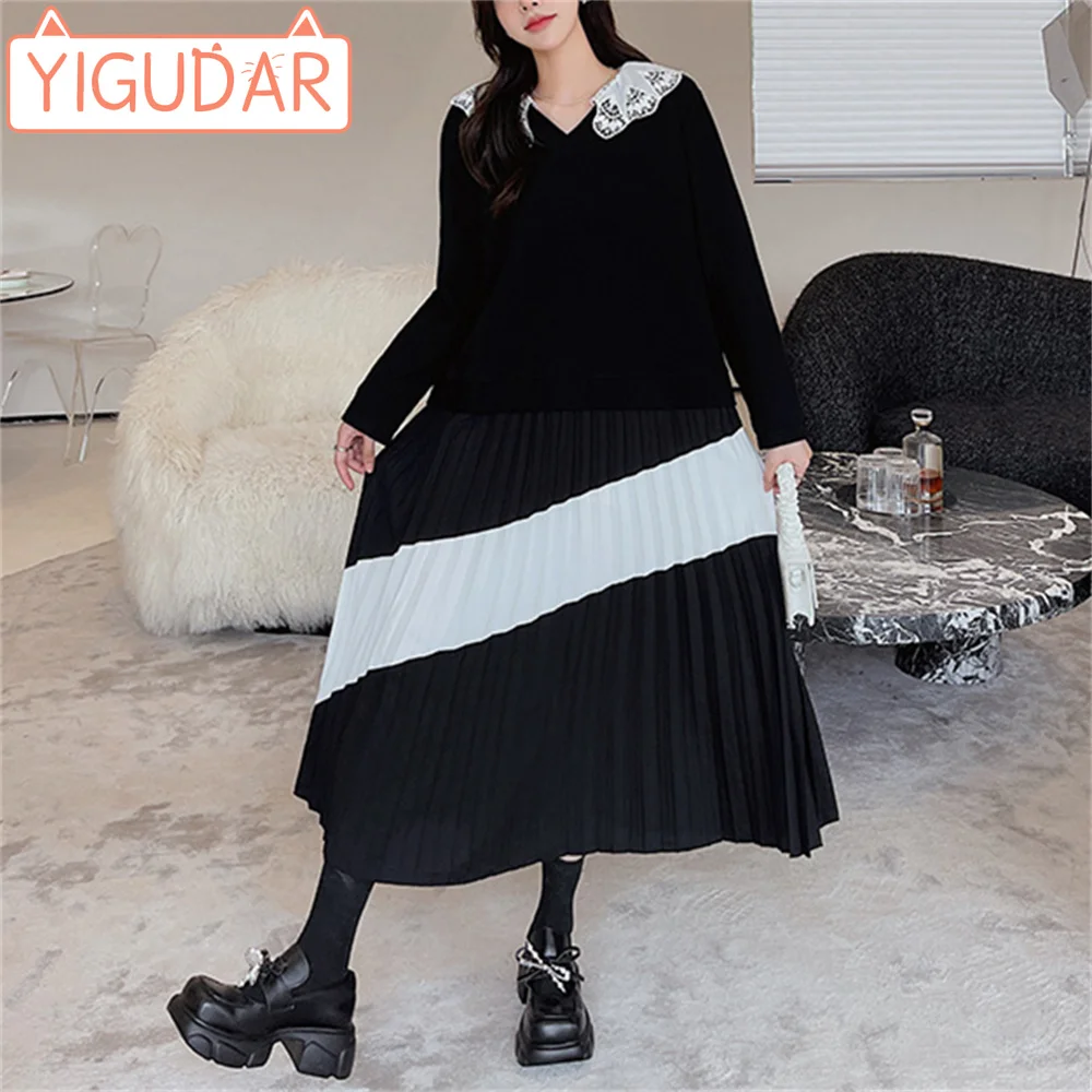 

Pregnant Women's Dress Autumn Winter New Black High Grade Temperament Splice Long Pleated V-neck Lace Neck Long Sleeve Dress