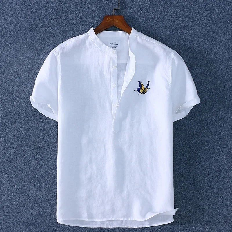 Men Casual Shirt Schinteon 100% Pure Linen Summer Stand Collar Short Sleeved Comfortable Pullover Shirt