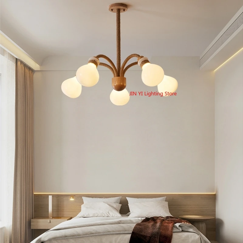 Japanese Style Wooden Wabi Sabi Cream Style Living Room Chandelier Design Sense Hemp Rope Homestay Study Bedroom Chandelier