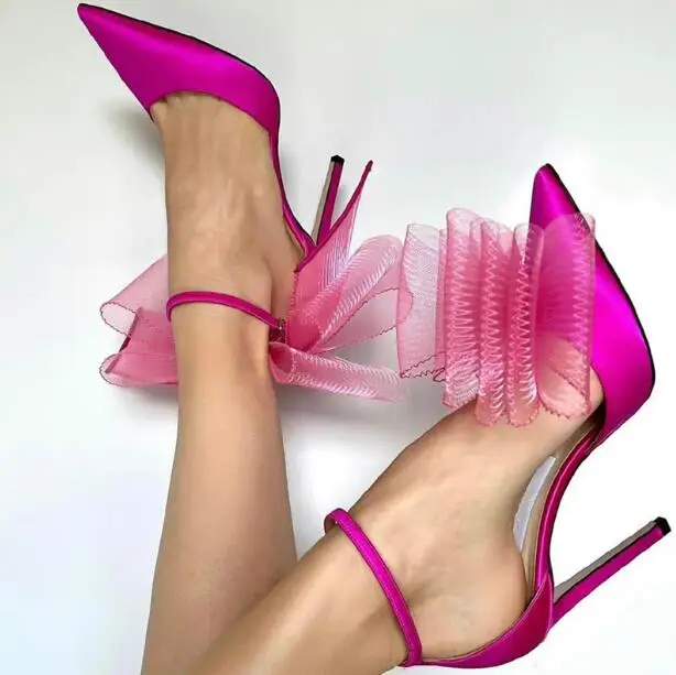 

Hot Pink Red Black White Silk Big Butterfly Knot Pointed Toe Shallow Pumps Woman Sexy Ankle Strap Hollow Out Wedding Shoes Lady
