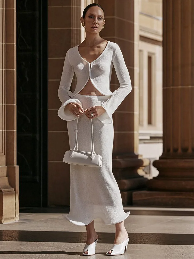 Ruffled Knit 2 Piece-Set Long Skirt Women Hollow Out Long Sleeve Slim Cropped Top And Solid Maxi Skirt Sets Female Outfits