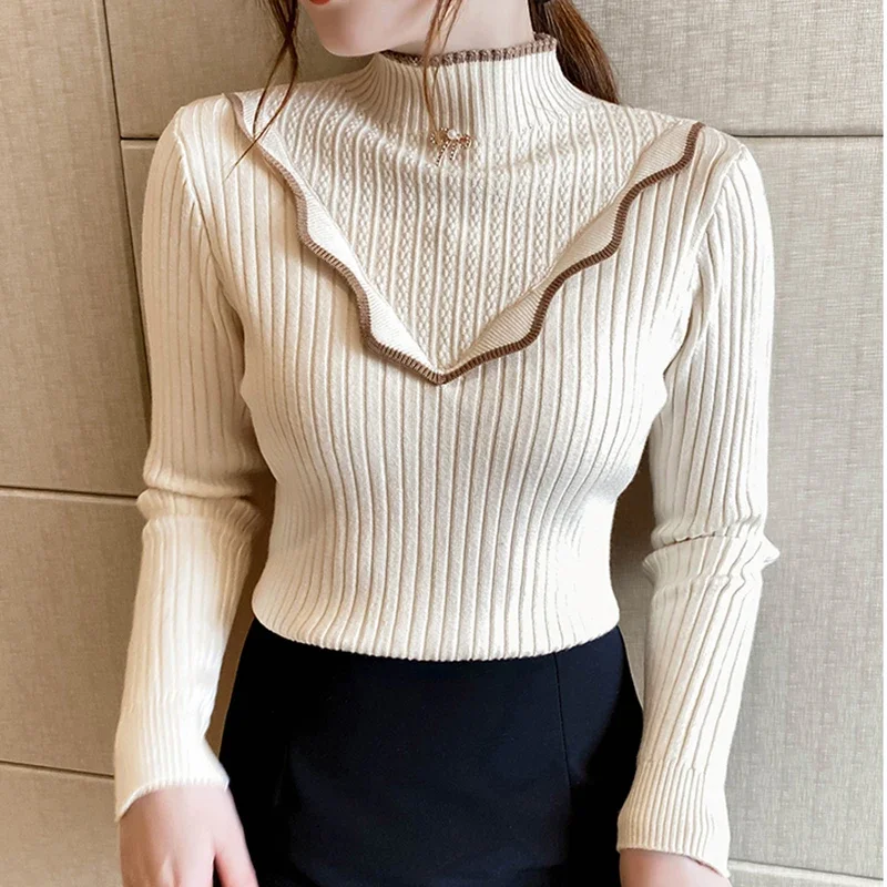 

Korean Fashion Half High Collar Pullover Sweater for Women Autumn Winter Casual Long Sleeve Jumpers Warm Knitted Tops Female