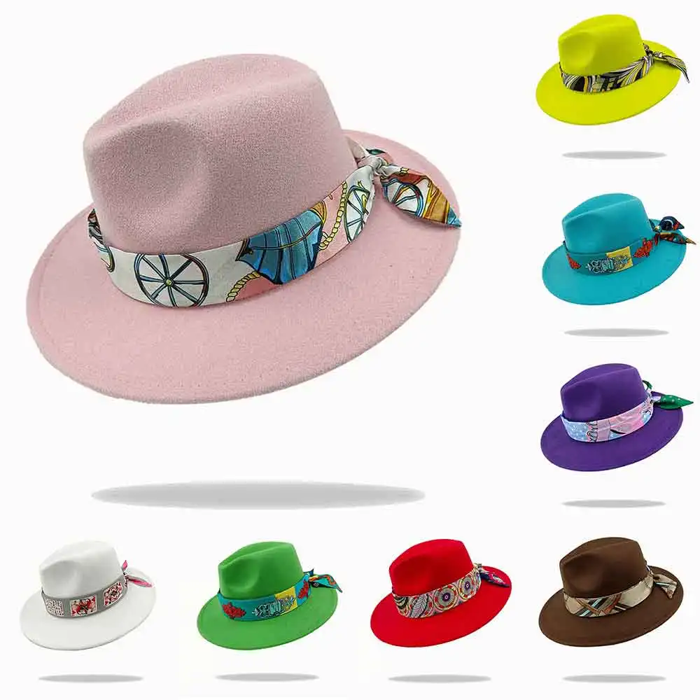 

silk Ribbon Fedoras Hat for Women Men Wool Felt Fedora Hat Jazz Cap Fashion New Autumn Winter Panama Hat Wide Brim Chapeau Femme