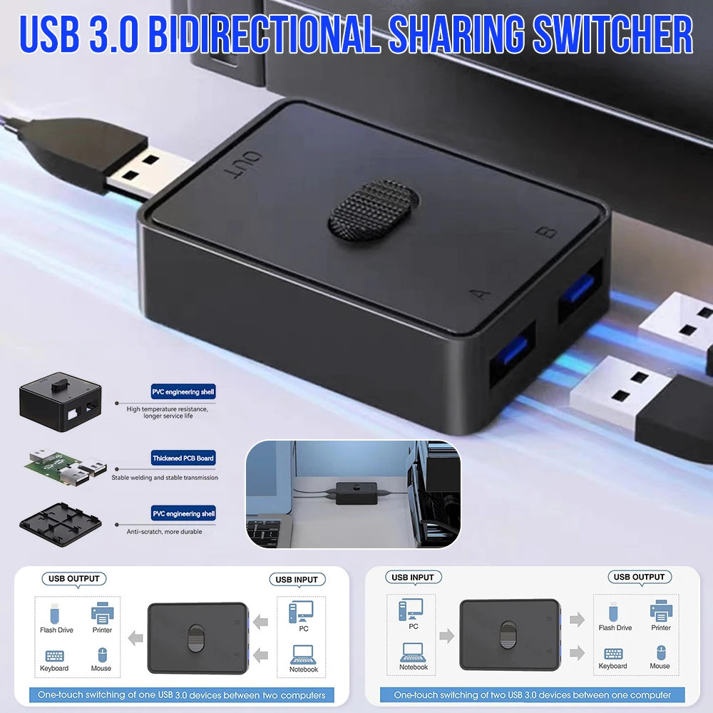 USB Switch, 2 port(s), 1x USB A, 2x USB B Female, 480 Gbps, Metal