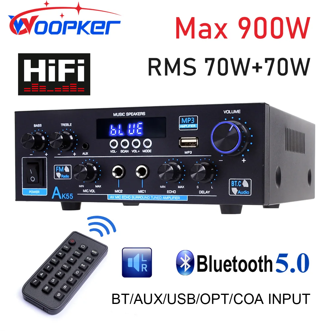 Woopker Amplifier AK55 900W Max 2.0 Channel Rated 70W+70W Bluetooth Audio Hifi AMP Karaoke Music Player Support 110V 220V 12V