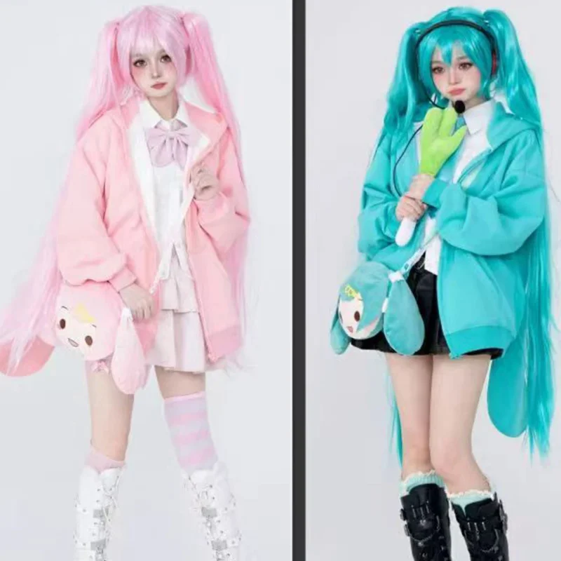 

Miku Jacket Detachable Rabbit Ear Hooded Sweater Anime Peripheral Zipper Cardigan Cartoon Cosplay Costume With Bag